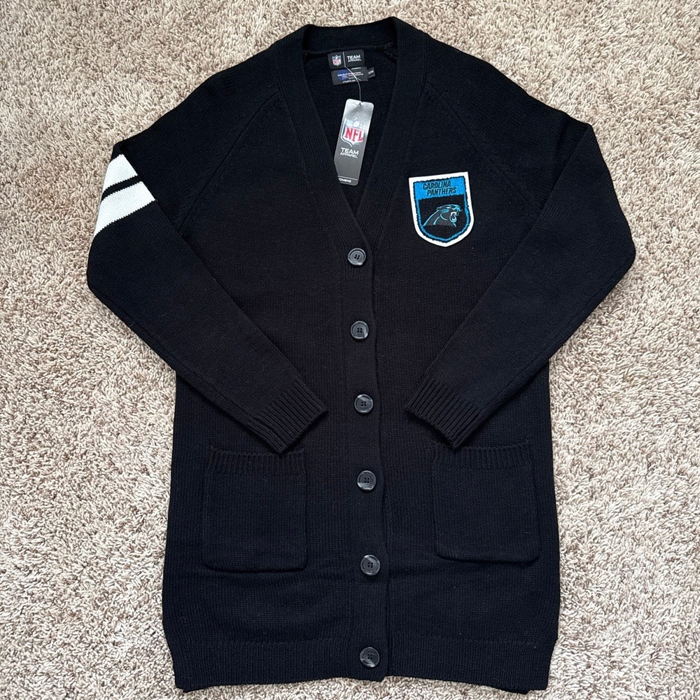 NFL Carolina Panthers Womens Black Cardigan Sweater Longline Knit NWT S/M